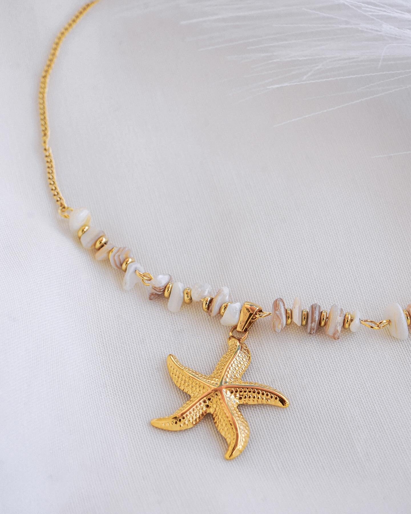 Colar estrela do mar , pedras e conchas , aço inoxidável