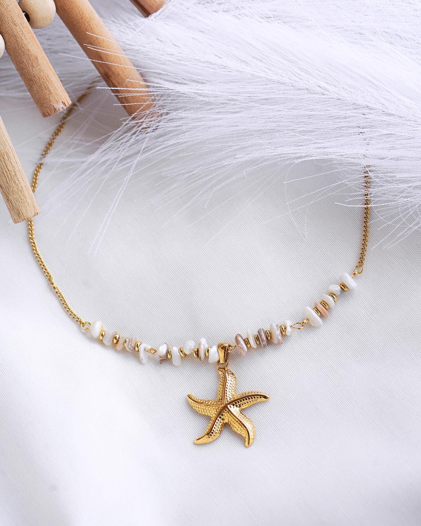 Colar estrela do mar , pedras e conchas , aço inoxidável