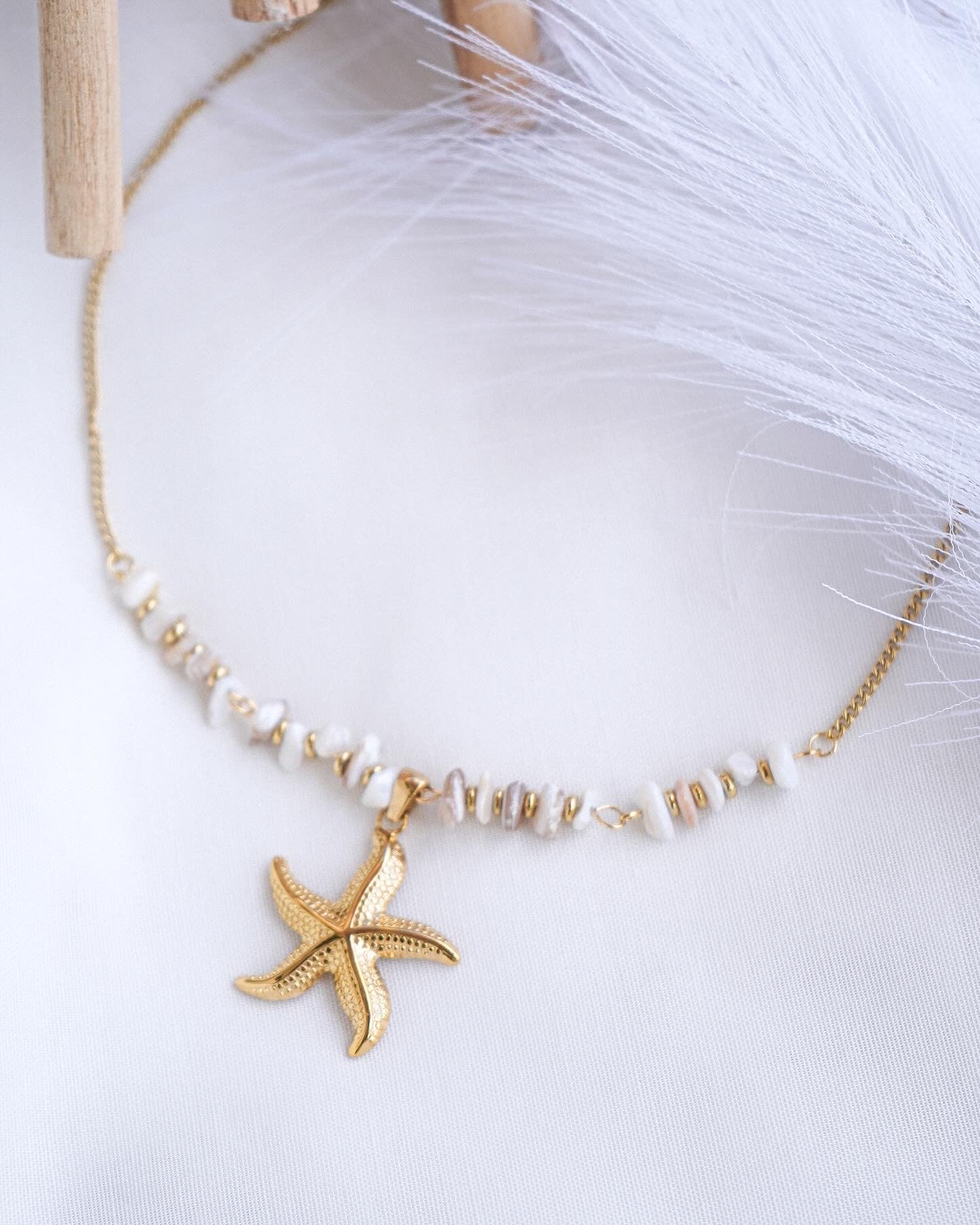 Colar estrela do mar , pedras e conchas , aço inoxidável