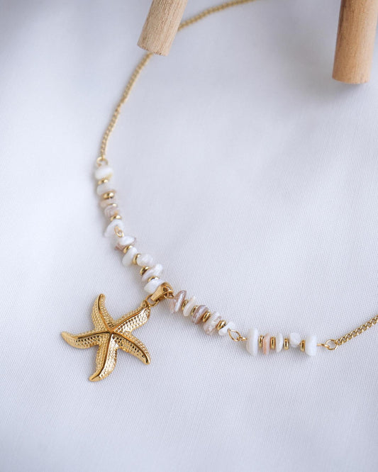 Colar estrela do mar , pedras e conchas , aço inoxidável