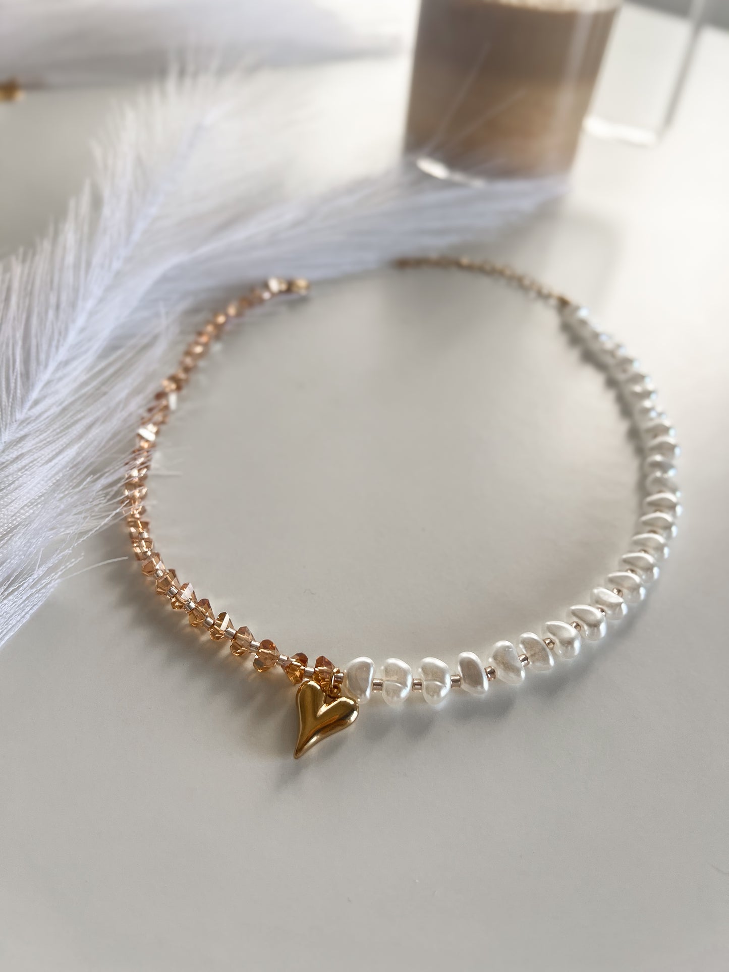 colar em miçangas acrílicas e aço inoxidável pingente coração em aço