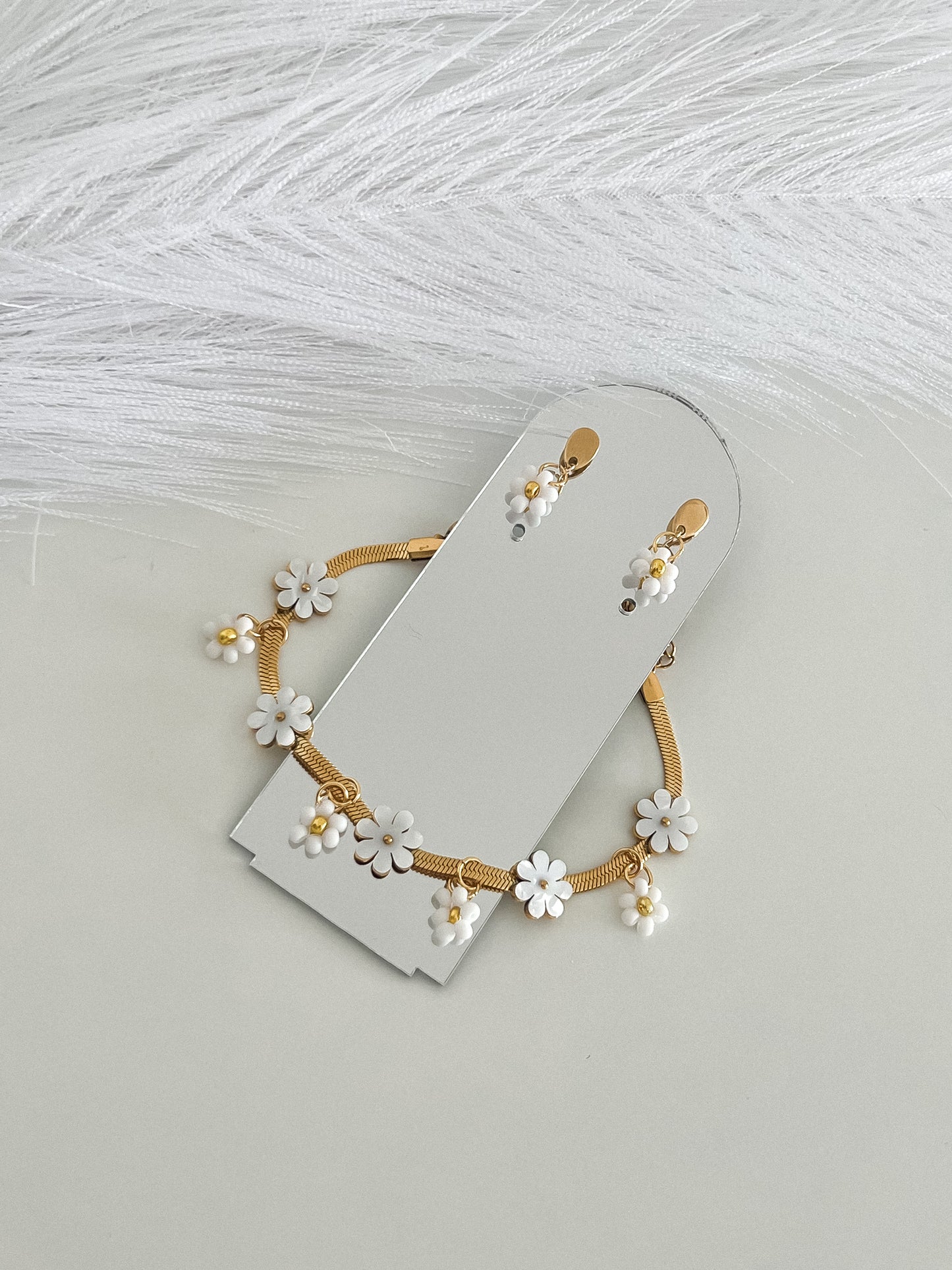 conjunto pulseira e brincos em aço inoxidável flores margaridas