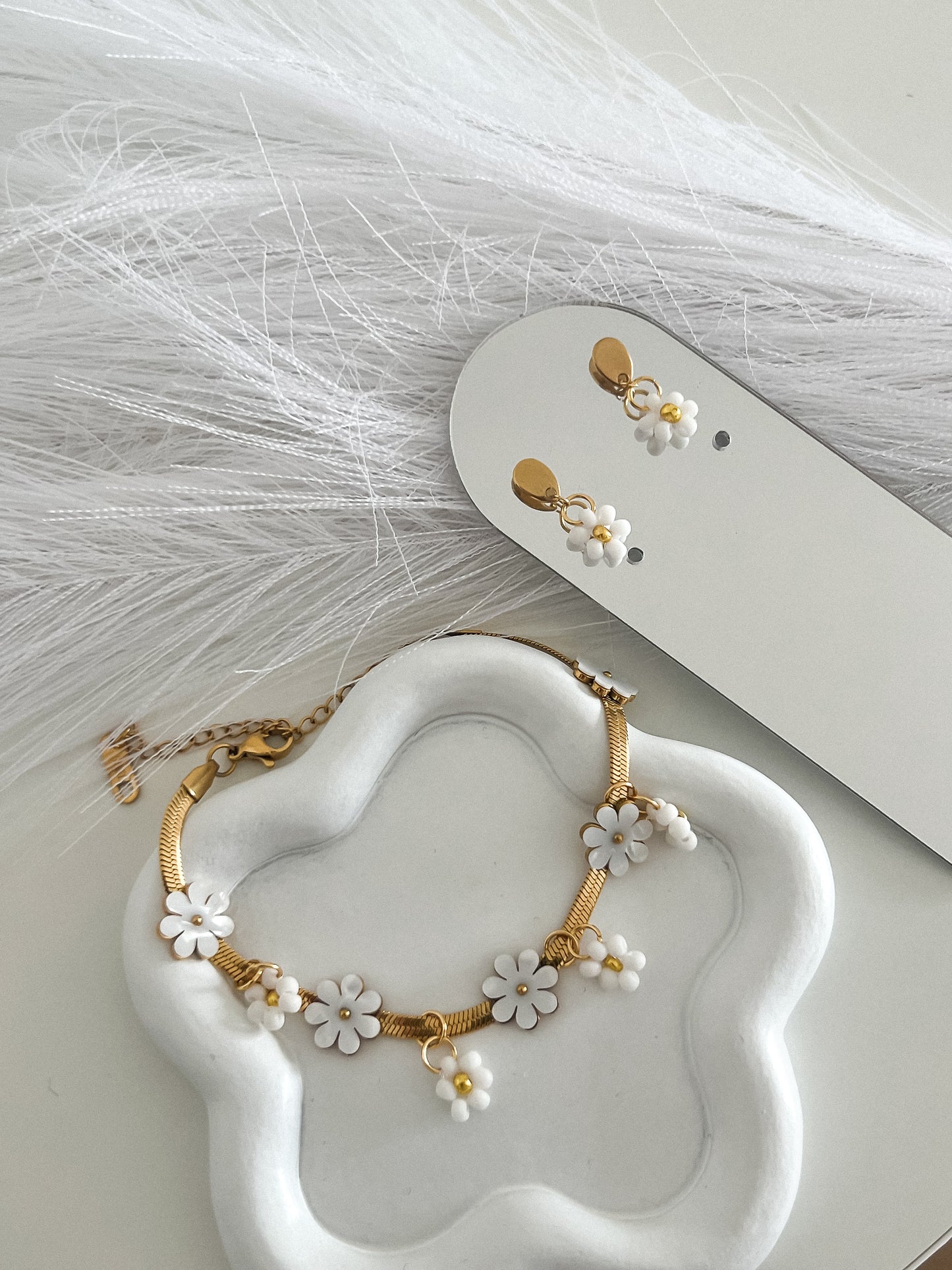 conjunto pulseira e brincos em aço inoxidável flores margaridas